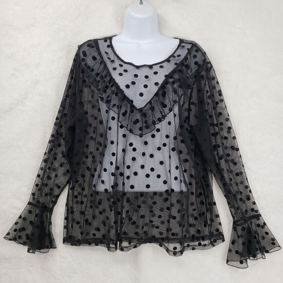 Ups & Downs Blouse Women 2X Black Sheer Polka Dot Mesh Ruffle Dark Coquette - Picture 1 of 9